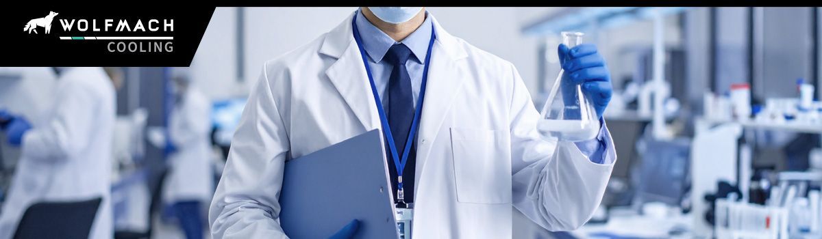 a doctor in a lab coat carrying a sample of coolant
